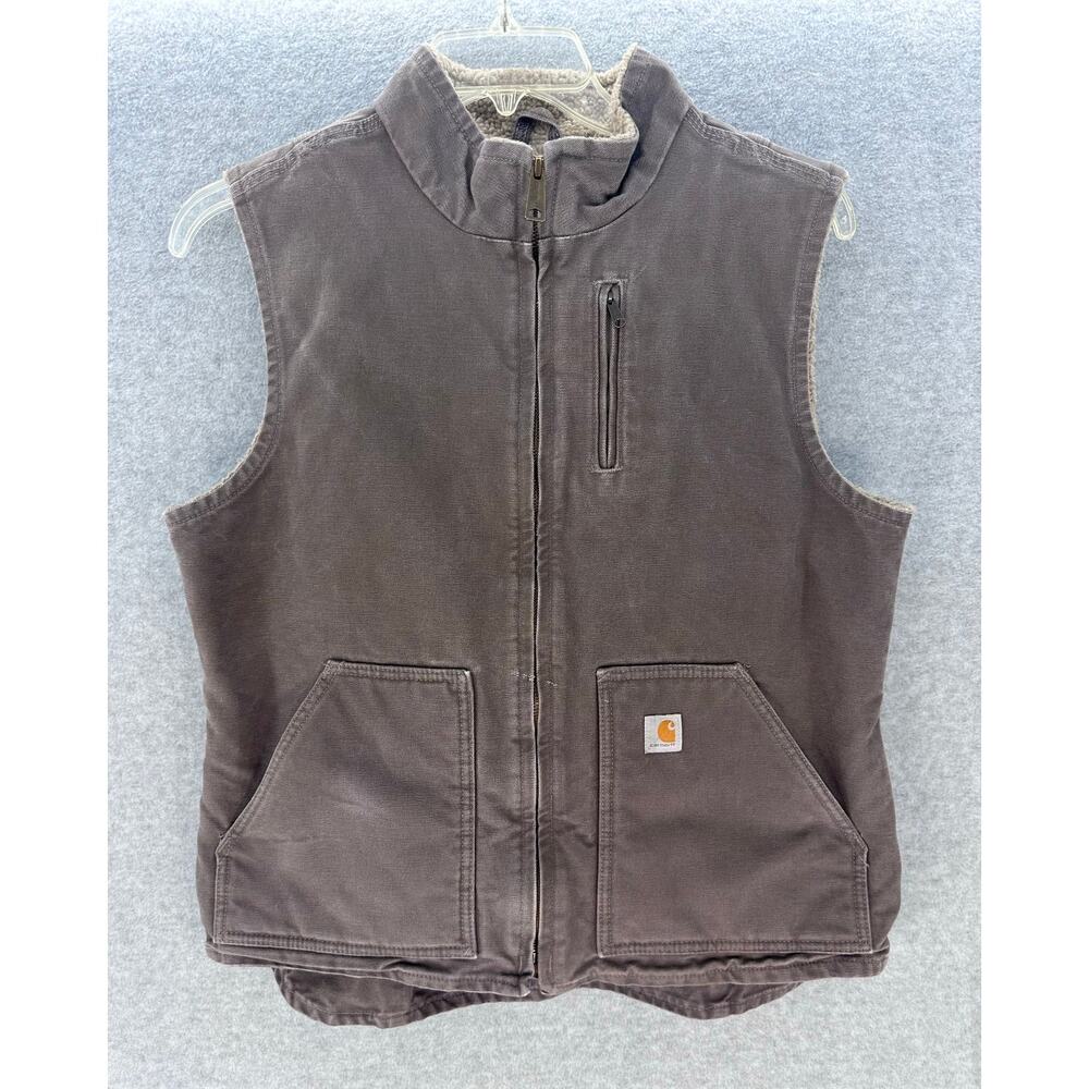 VTG Carhartt Womens sz L Fleece Sherpa Style Gray Vest Mock Neck Zip RN14806 Y2K